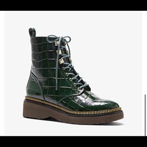 Michael Kors Haskell Crocodile Embossed Moss Green Combat Boots